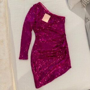 New Magenta Pink Sequin One Shoulder Cocktail Party Dress S
